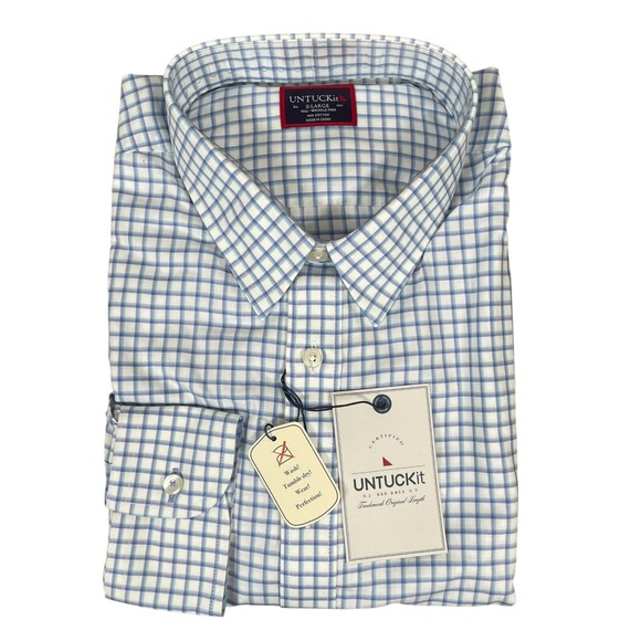 NEW UNTUCKit Mens Delaney Wrinkle Free Button Up Shirt XLT Reg Blue Check Cotton - Picture 1 of 9